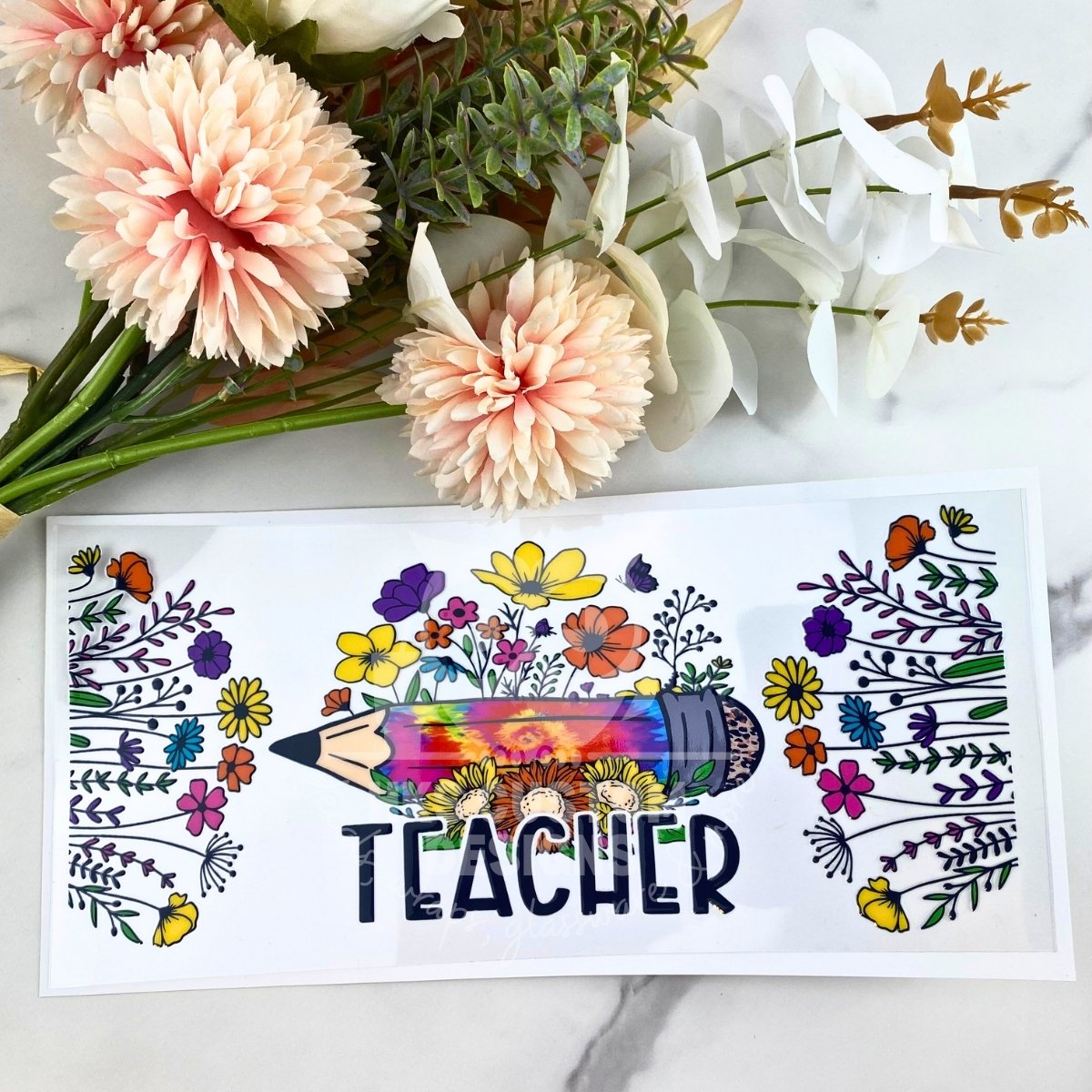 Teacher (pencil & flowers) | 16 oz UV DTF Wrap