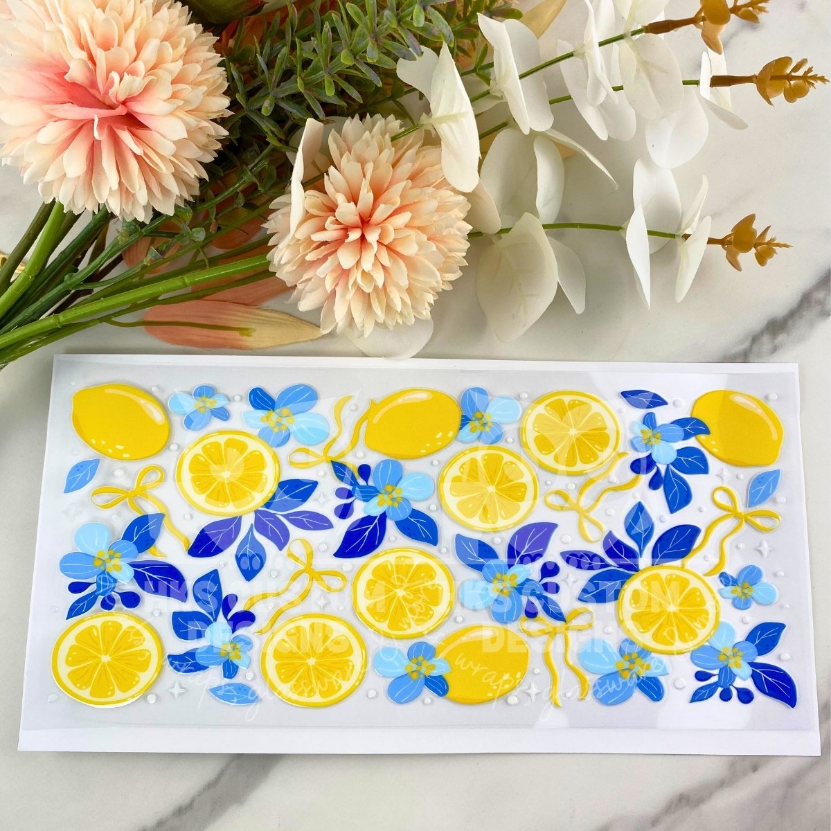 Lemon and Blue Floral | 16 oz UV DTF Wrap