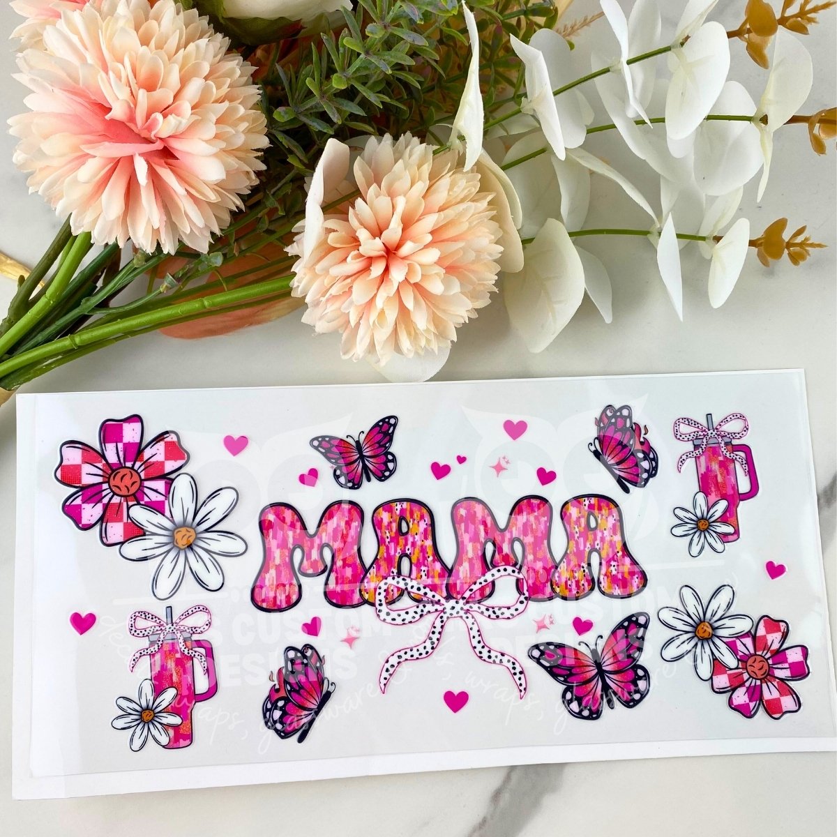 Mama Pink Butterflies | 16 oz UV DTF Wrap