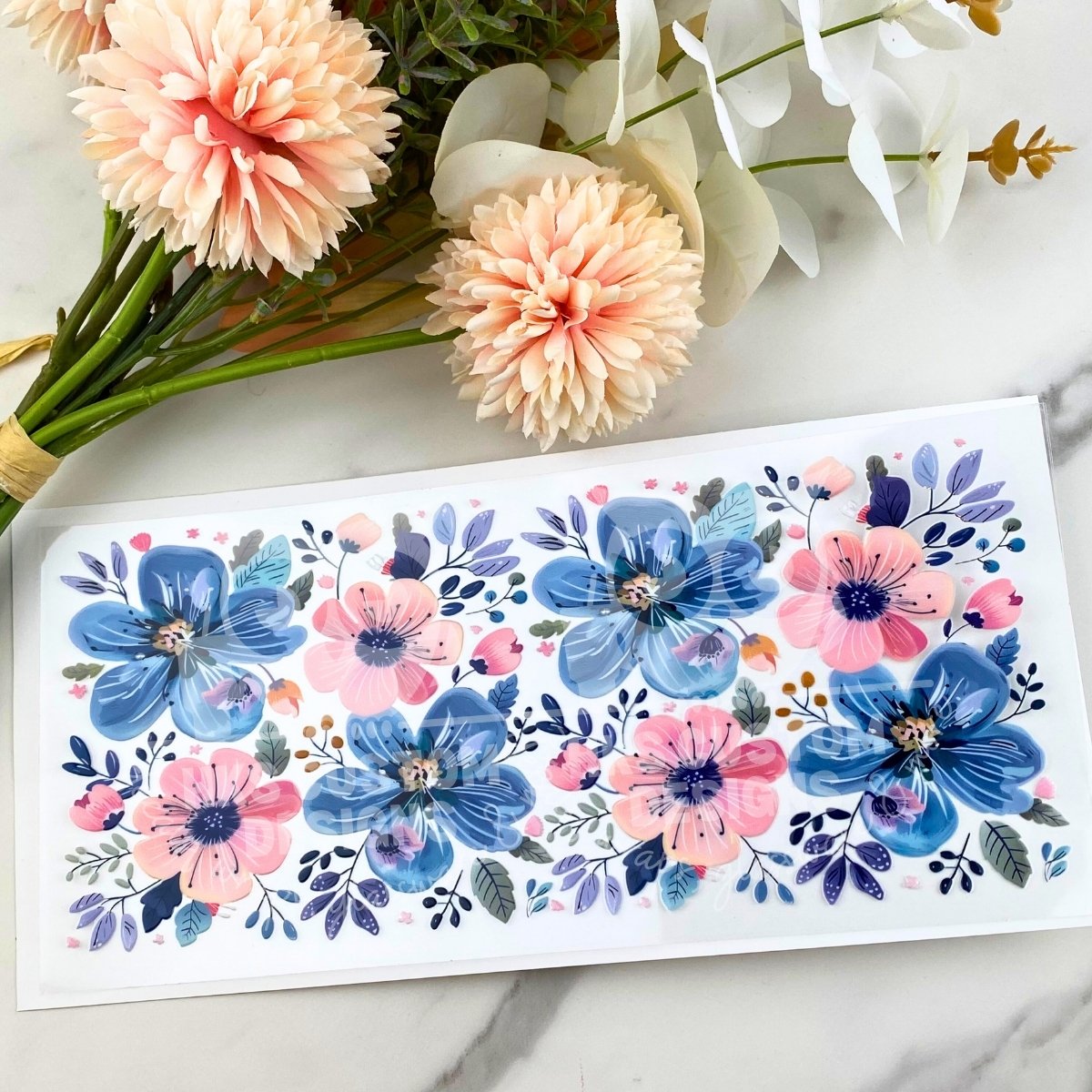 Blue & Pink Flowers | 16 oz UV DTF Wrap