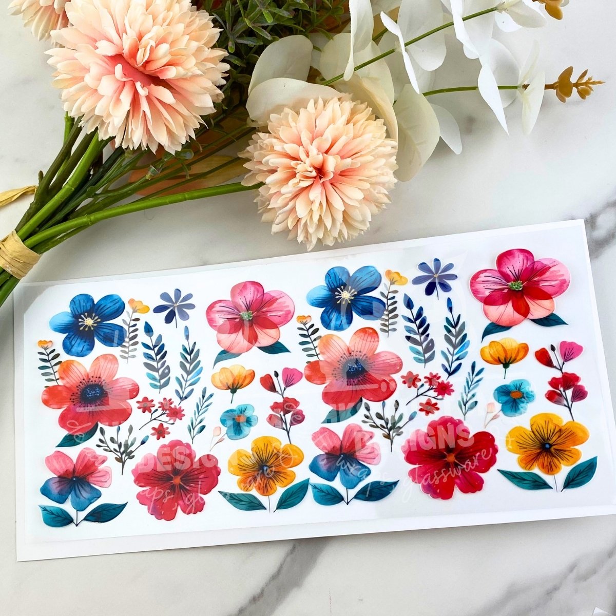 Blue Orange Pink Flowers | 16 oz UV DTF Wrap