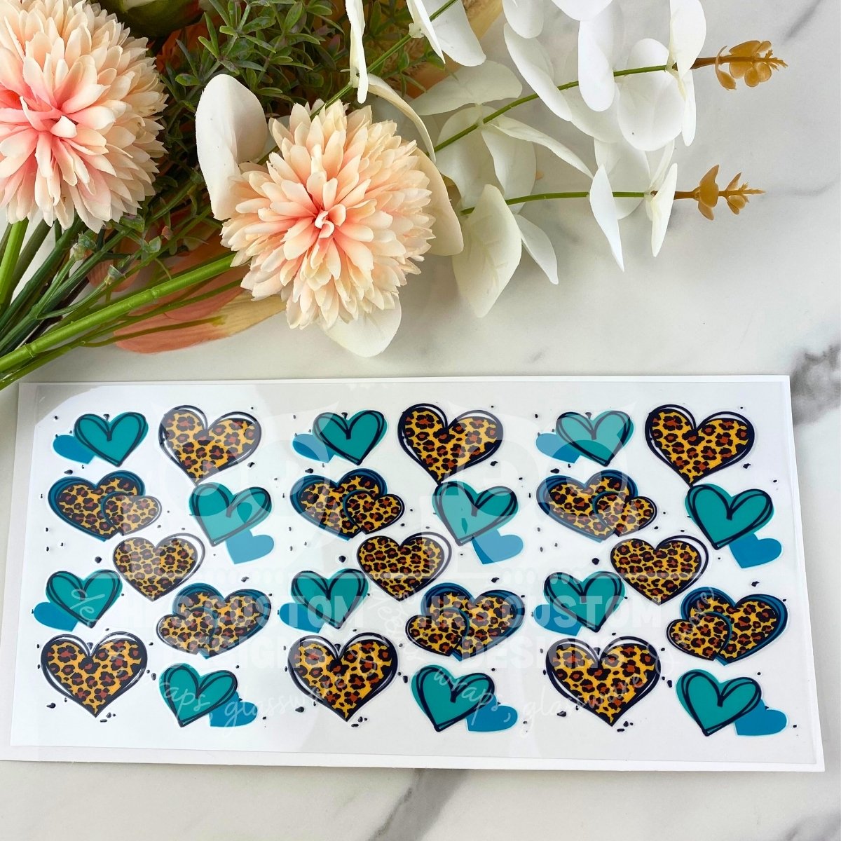Teal and Leopard Hearts | 16 oz UV DTF Wrap