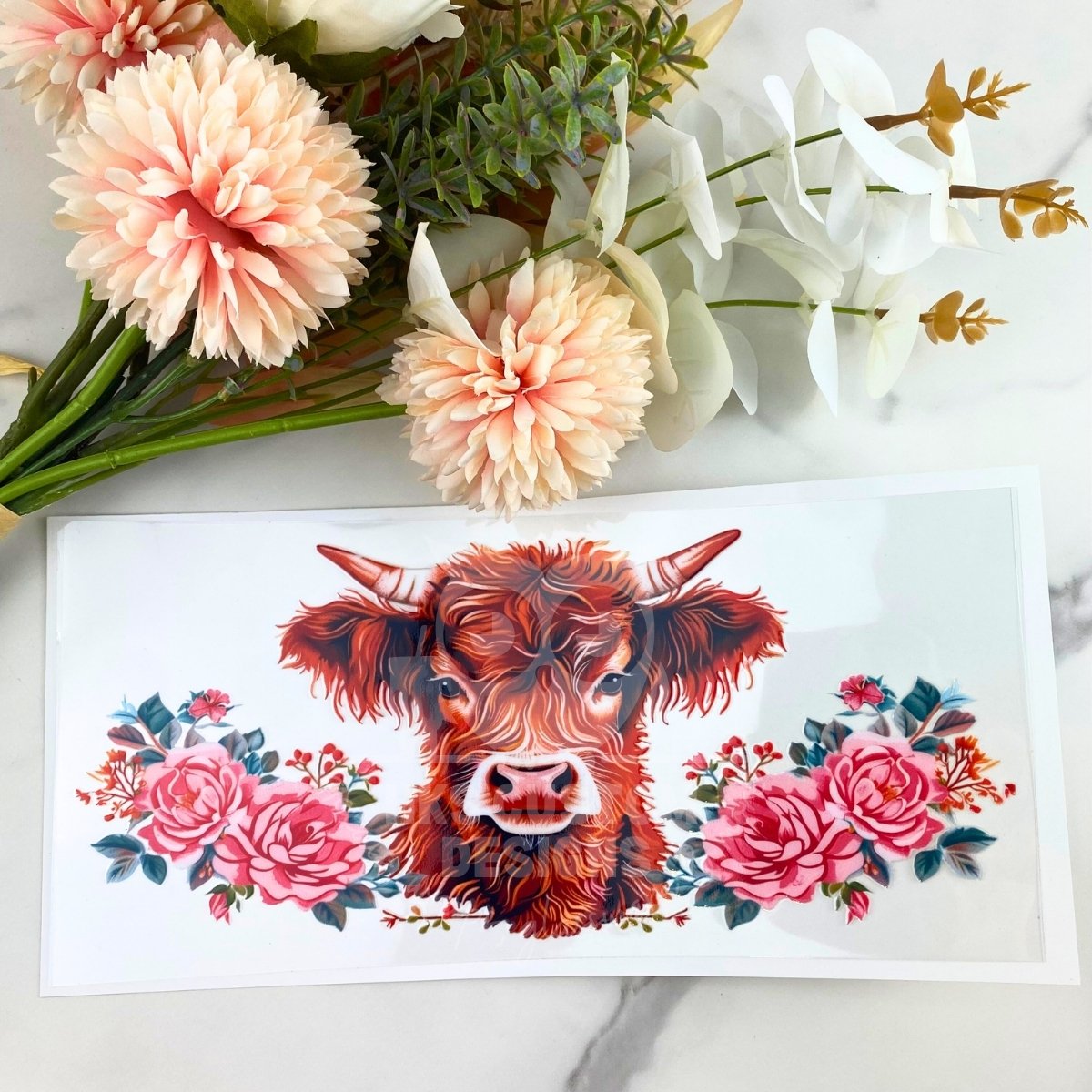 Highland Cow Pink Flowers | 16 oz UV DTF Wrap