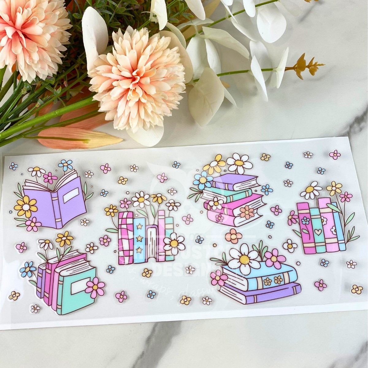 Books and Small Flowers | 16 oz UV DTF Wrap