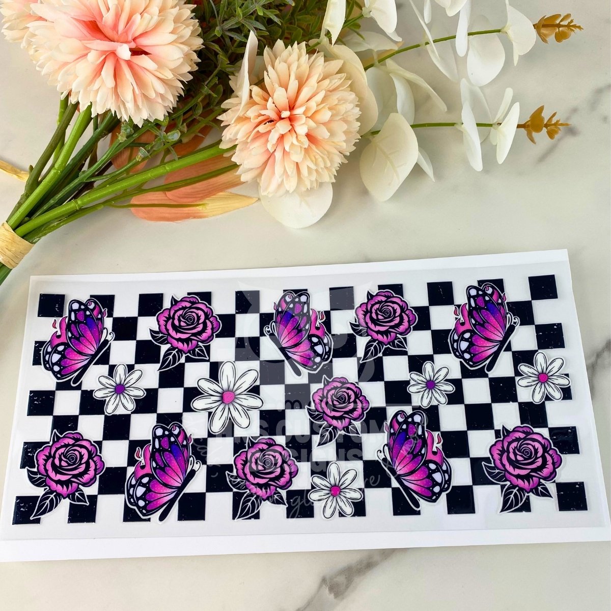 Checkered Purple Butterfly | 16 oz UV DTF Wrap