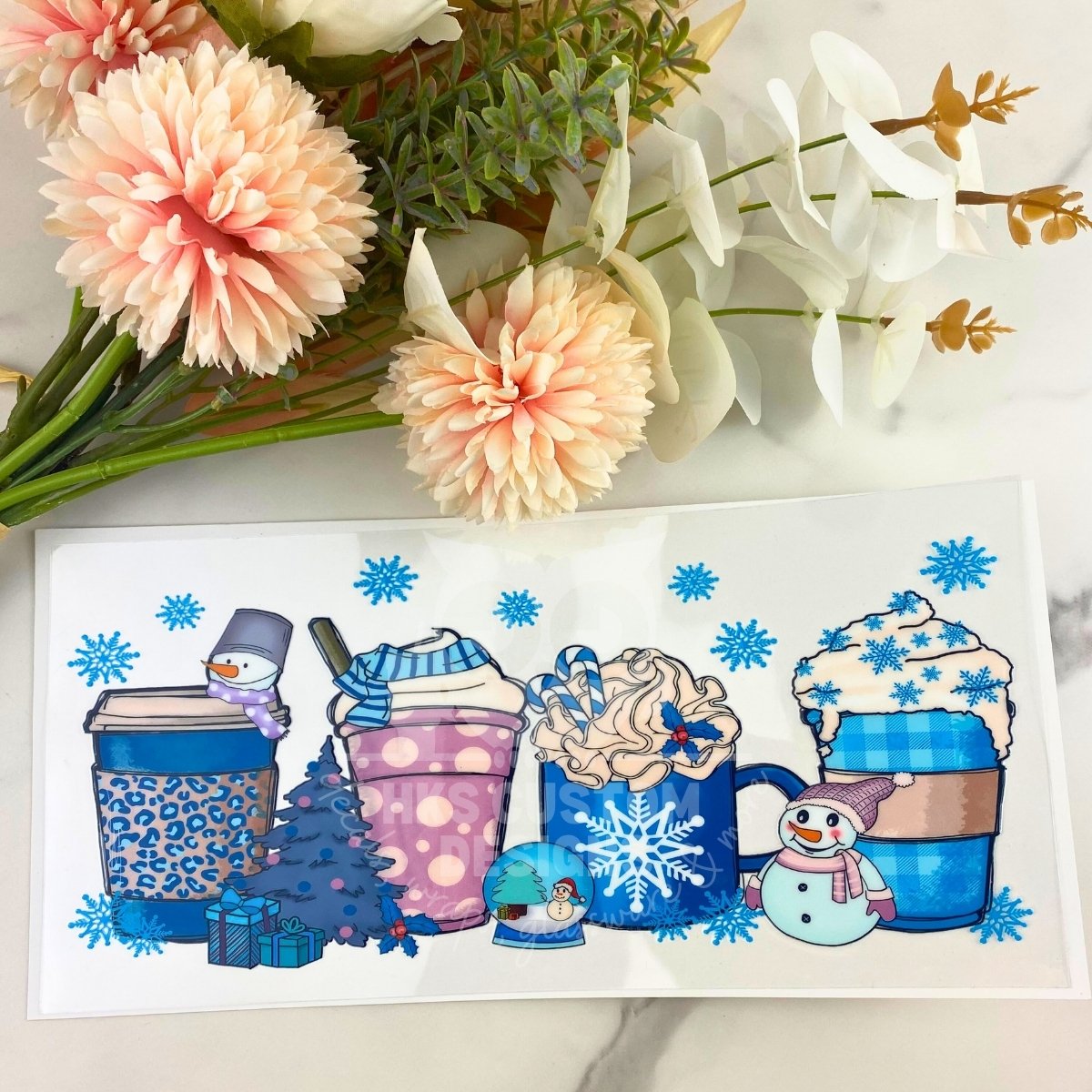 Blue Snowman Coffee Cup | 16 oz UV DTF Wrap