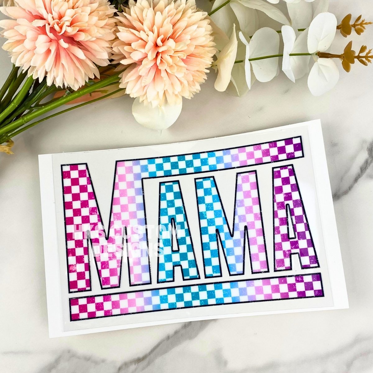 MAMA (pink/blue checkered) | 4" UV DTF Decal