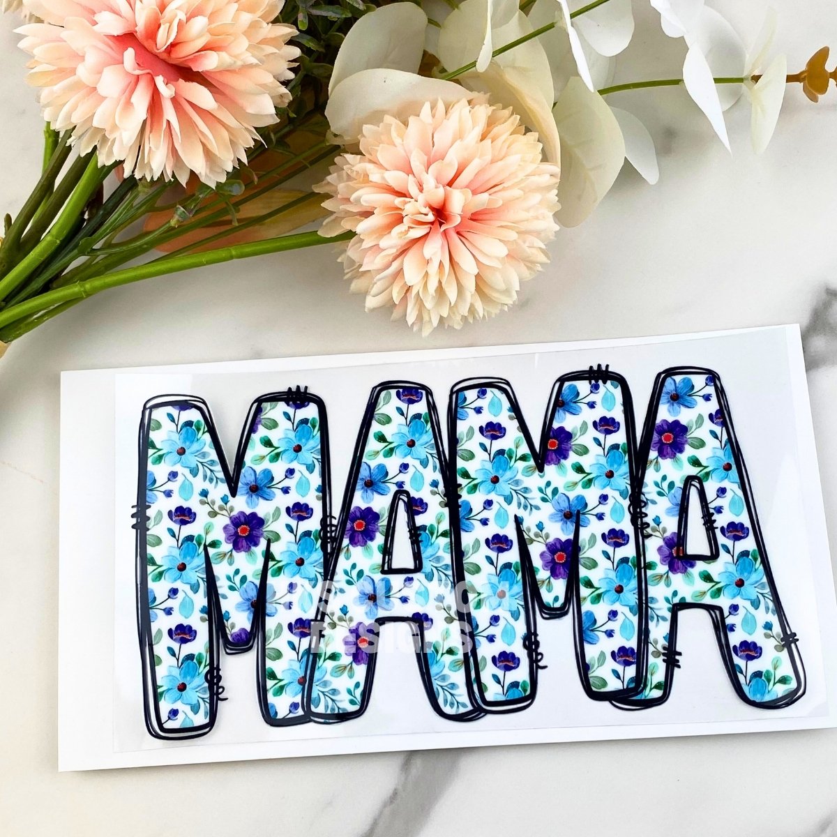 MAMA (white w/blue flowers) | 4" UV DTF Decal
