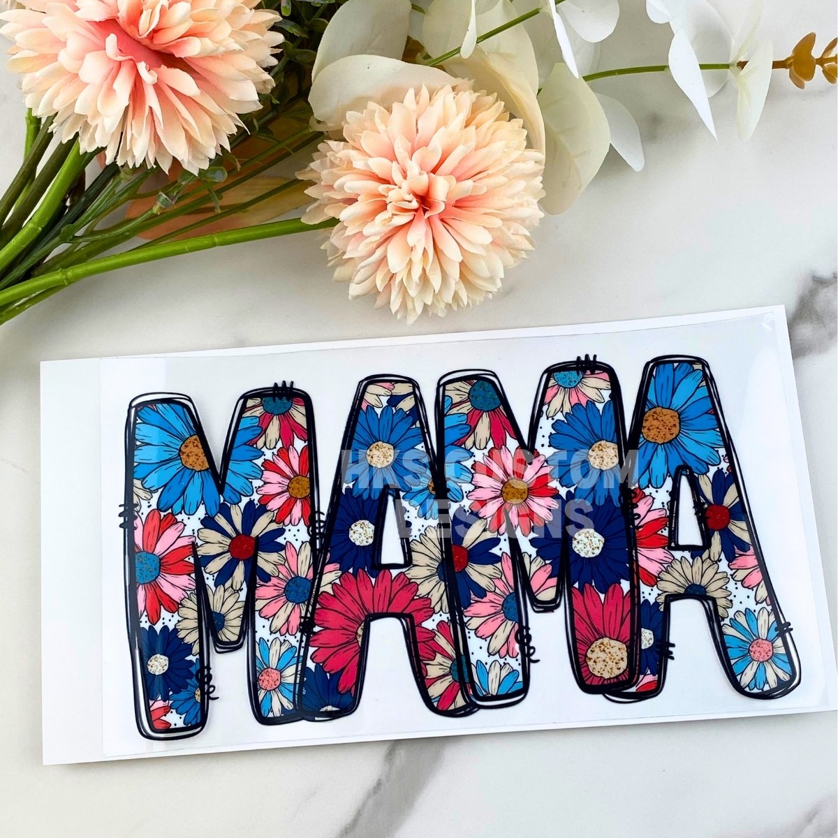 MAMA (red/pink/white/blue flowers) | 4" UV DTF Decal