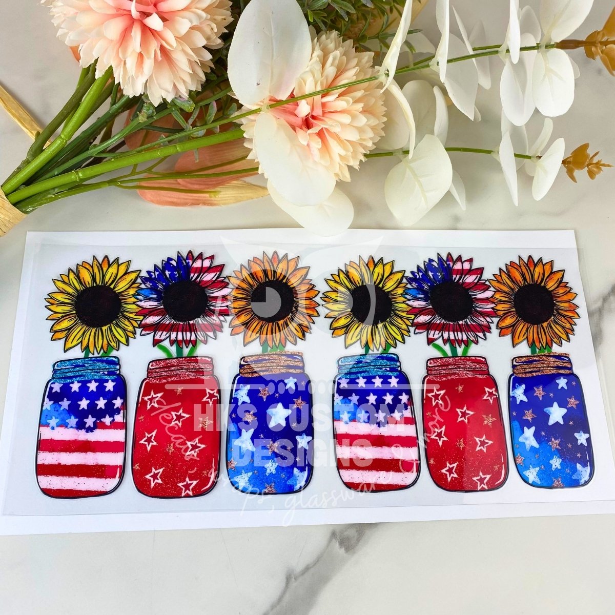 Patriotic Sunflower Jars | 16 oz UV DTF Wrap