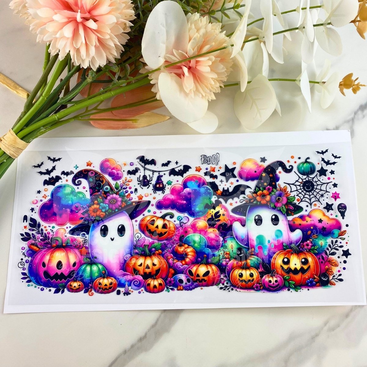 Purple Ghosts with Pumpkins | 16 oz UV DTF Wrap