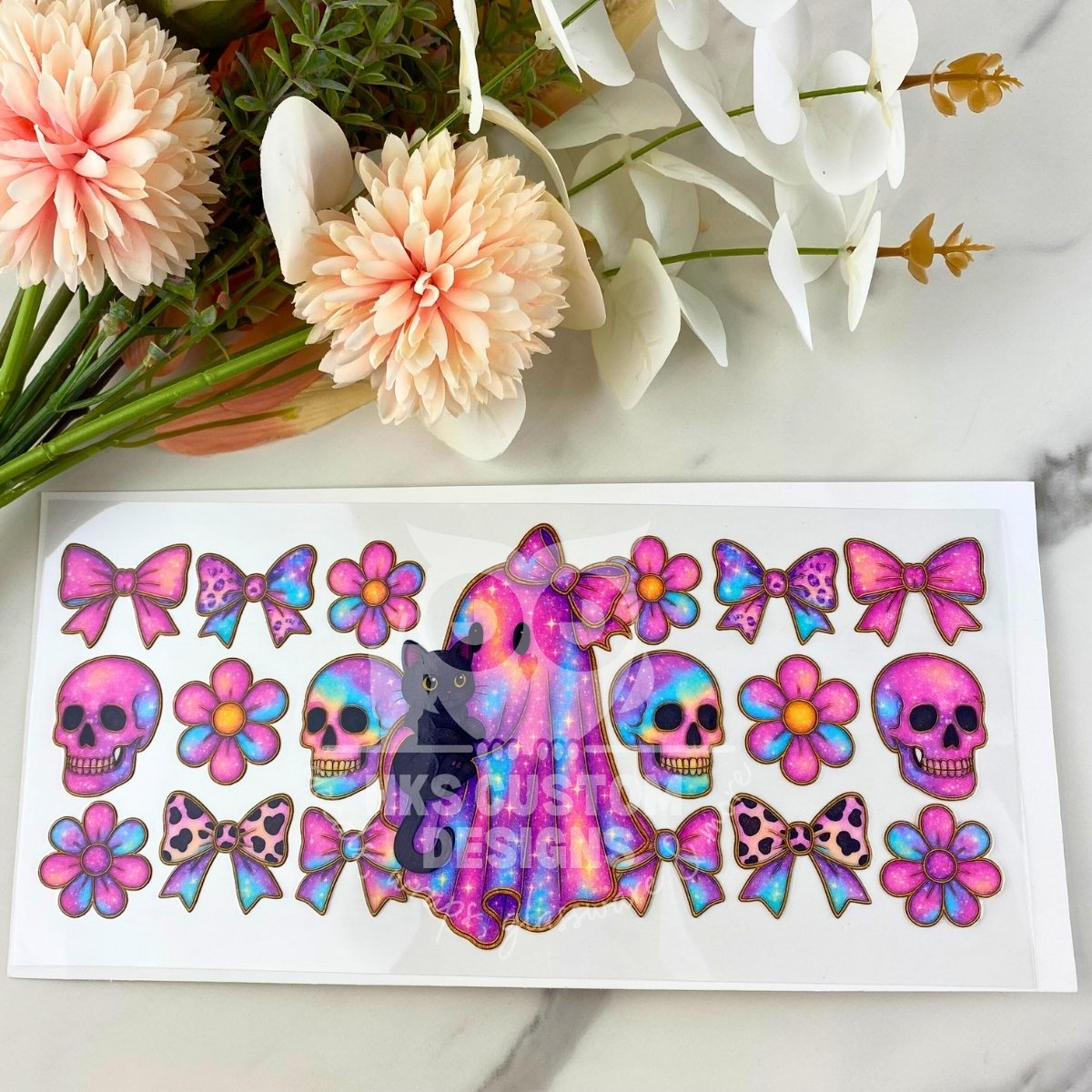 Colorful Ghost and Cat Floral | 16 oz UV DTF Wrap