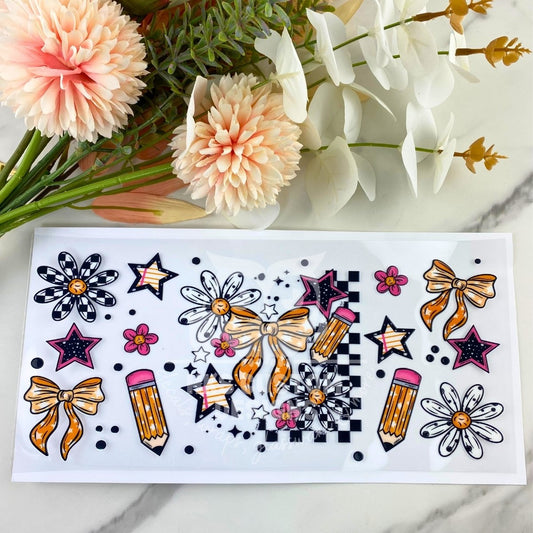 Checkered Floral Teacher | 16 oz UV DTF Wrap