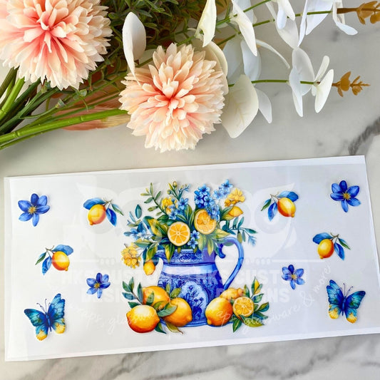 Lemons and Blue Flowers | 16 oz UV DTF Wrap