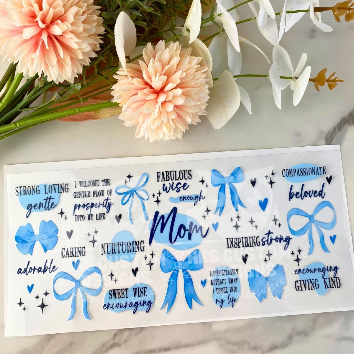 Mom Affirmations Blue Bows | 16 oz UV DTF Wrap