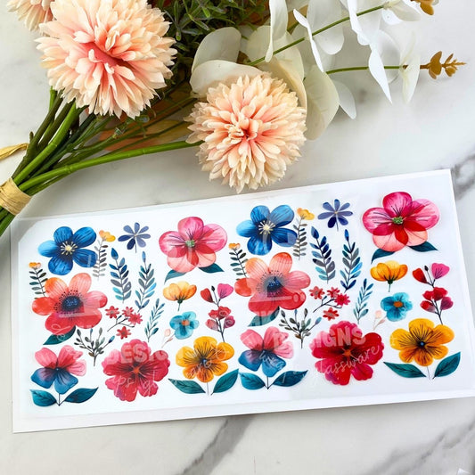 Blue Orange Pink Flowers | 16 oz UV DTF Wrap