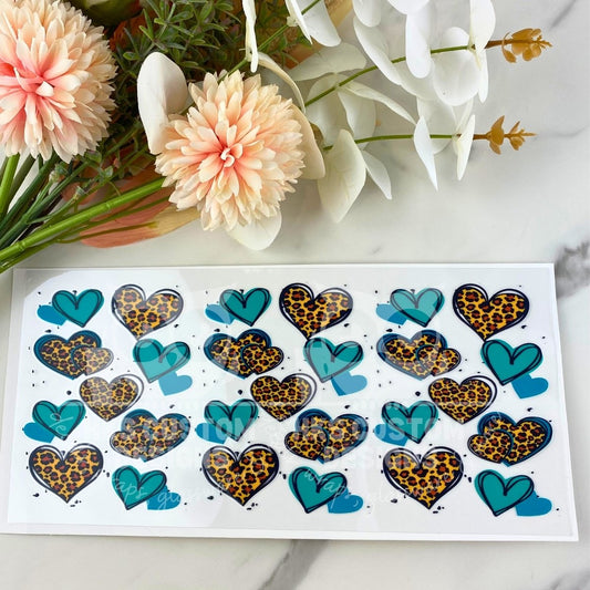 Teal and Leopard Hearts | 16 oz UV DTF Wrap