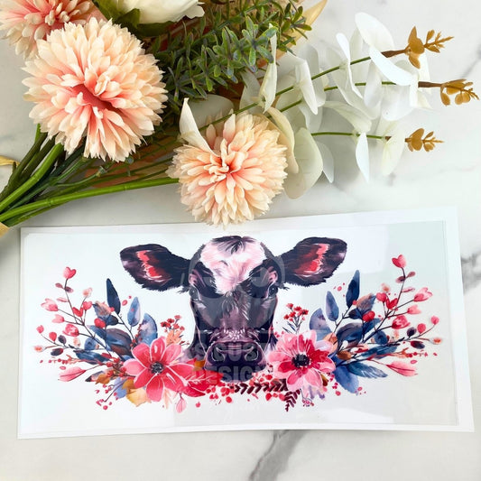 Black Cow Pink Flowers | 16 oz UV DTF Wrap