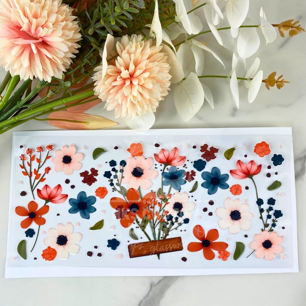 Peach and Blue Wildflowers | 16 oz UV DTF Wrap