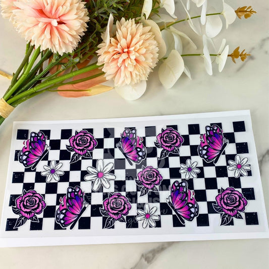 Checkered Purple Butterfly | 16 oz UV DTF Wrap