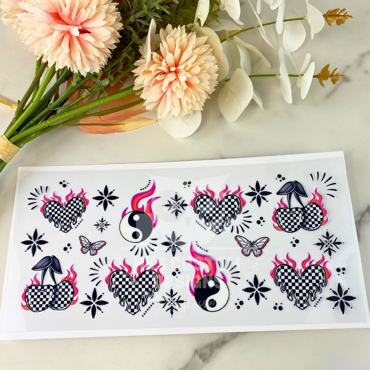 Checkered Cherry and Heart | 16 oz UV DTF Wrap