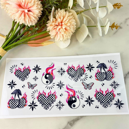 Checkered Cherry and Heart | 16 oz UV DTF Wrap