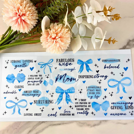 Mom Affirmations Blue Bow | 40 oz UV DTF Wrap