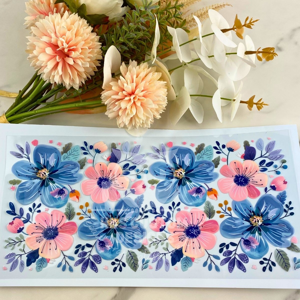 Pink & Blue Flowers | 40 oz UV DTF Wrap