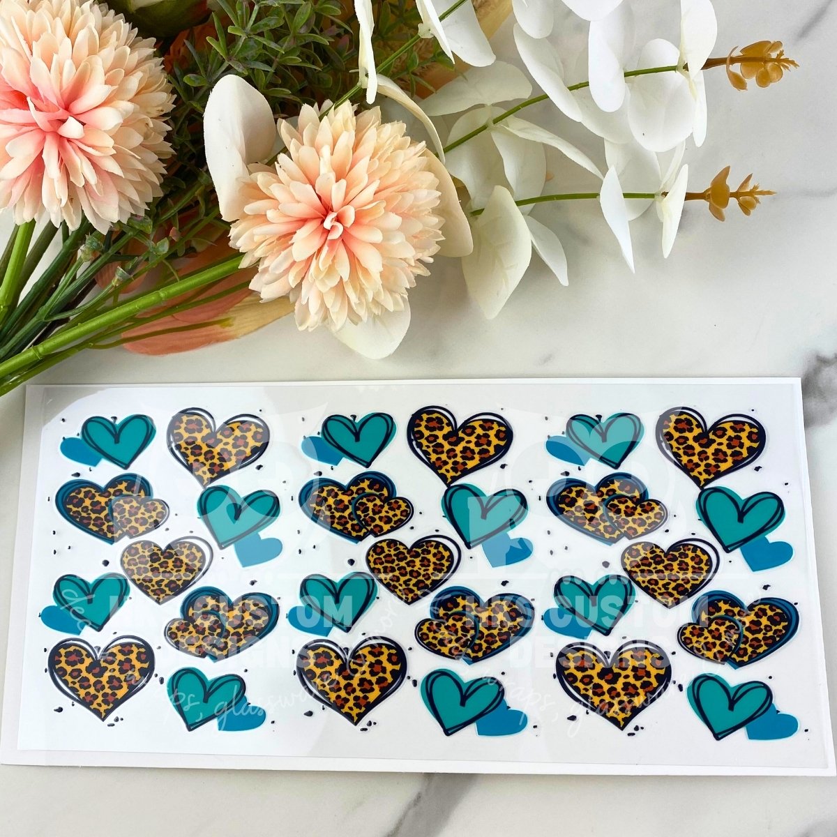 Teal and Leopard Hearts | 40 oz UV DTF Wrap