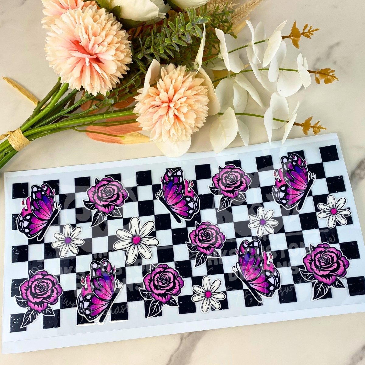 Purple Checkered Butterfly | 40 oz UV DTF Wrap