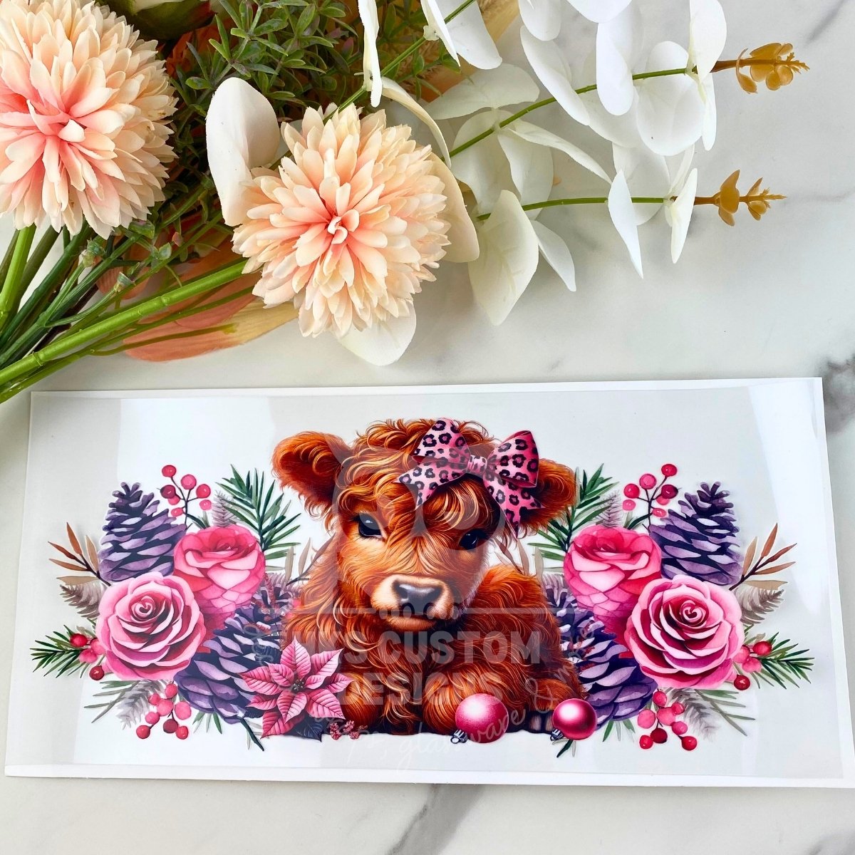 Pink Christmas Highland Cow | 16 oz UV DTF Wrap