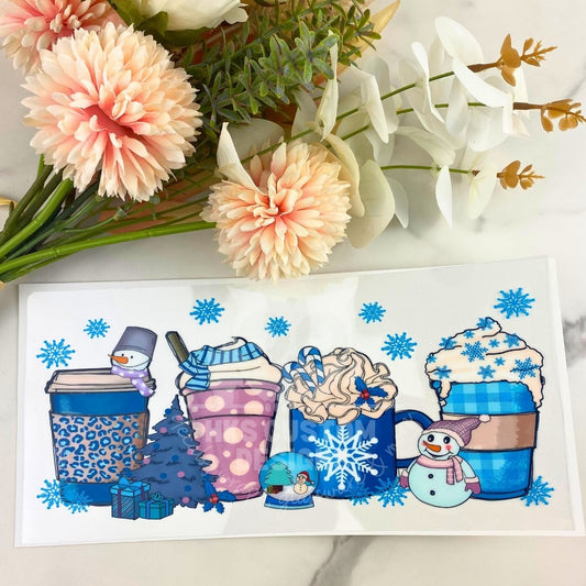 Blue Snowman Coffee Cup | 16 oz UV DTF Wrap