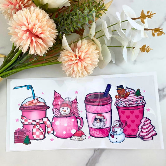 Pink Snowman Coffee Cup | 16 oz UV DTF Wrap