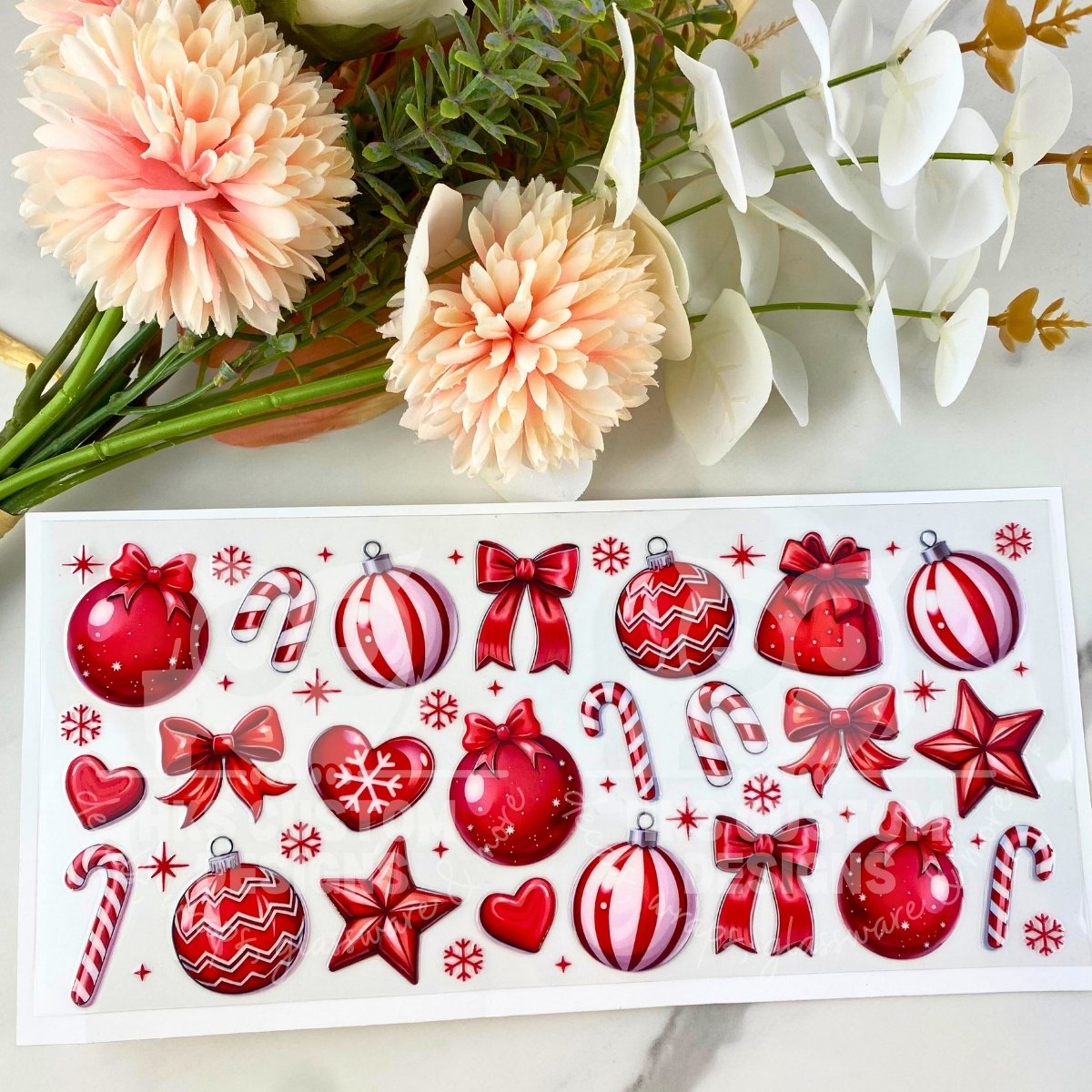 Red Christmas Decororations | 16 oz UV DTF Wrap
