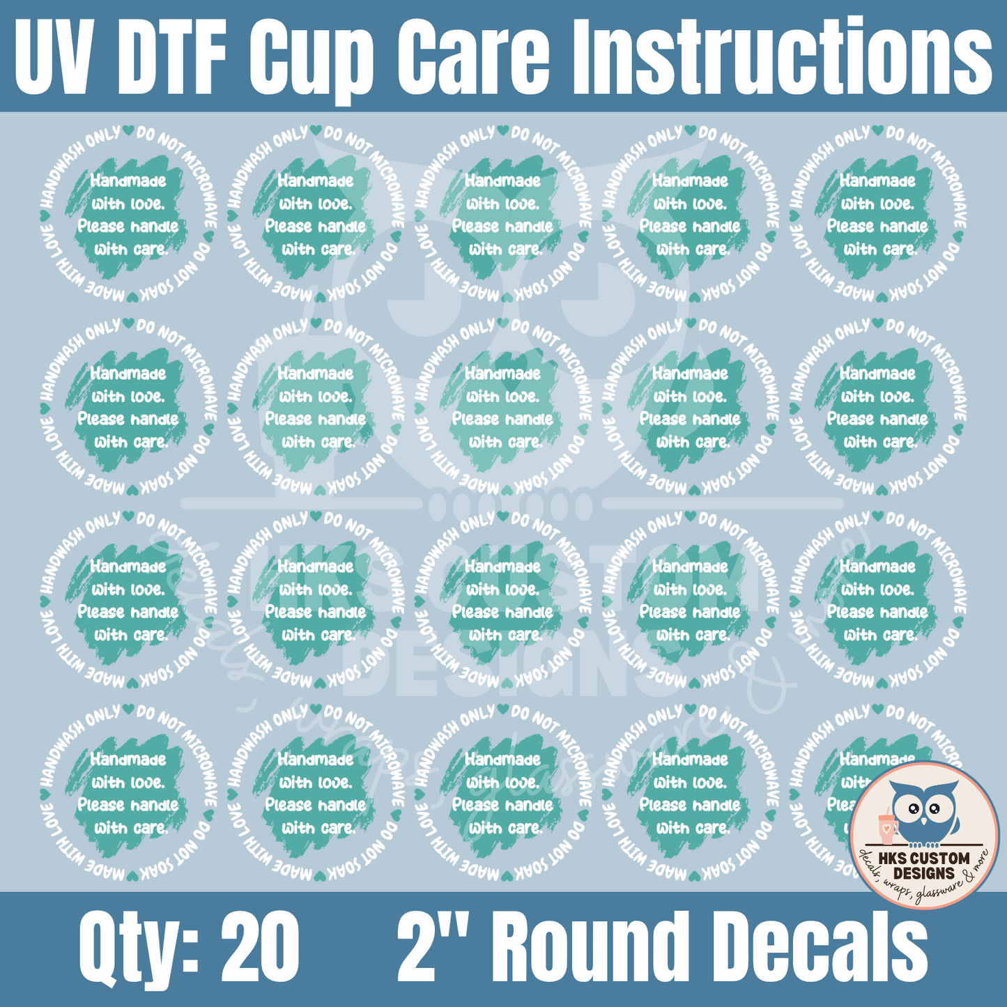 Teal and White 2" Cup Care Instructions | Element Sheet