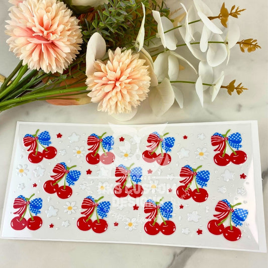 Patriotic Cherry and Bows | 16 oz UV DTF Wrap