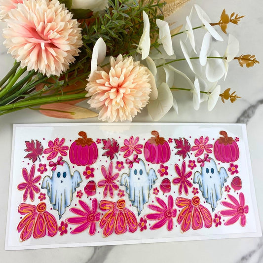 Pink Fall Ghosts Floral | 16 oz UV DTF Wrap