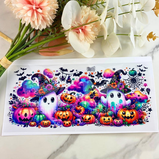 Purple Ghosts with Pumpkins | 16 oz UV DTF Wrap