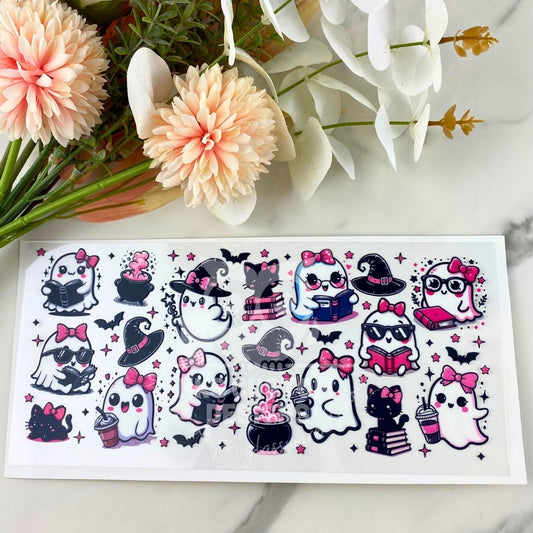 Pink and Black Reading Ghosts | 16 oz UV DTF Wrap