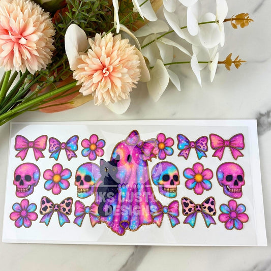 Colorful Ghost and Cat Floral | 16 oz UV DTF Wrap