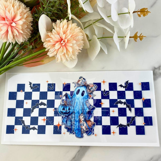 Checkered Blue Ghost | 16 oz UV DTF Wrap