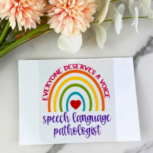 speech language pathologist (slp) decal with a rainbow and a heart