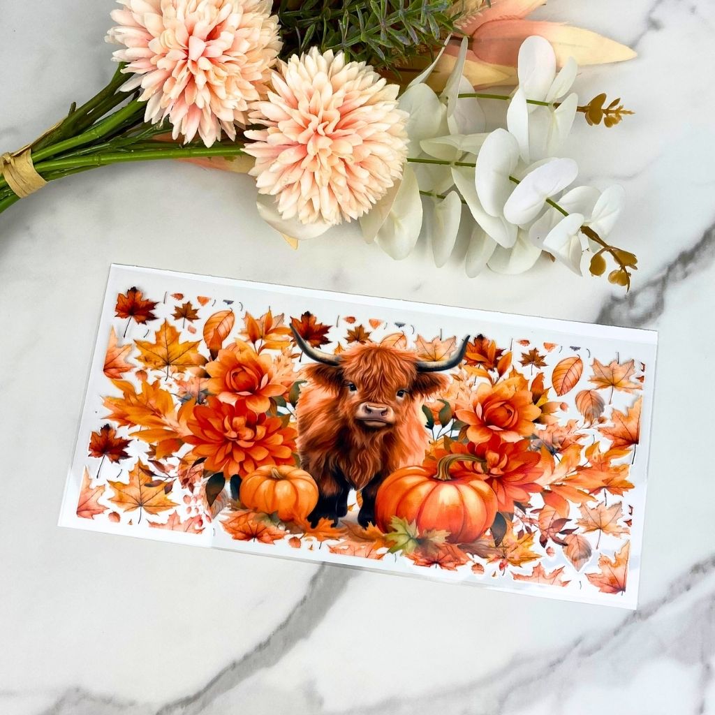 Fall Highland Cow with Pumpkin2 | 16 oz UV DTF Wrap