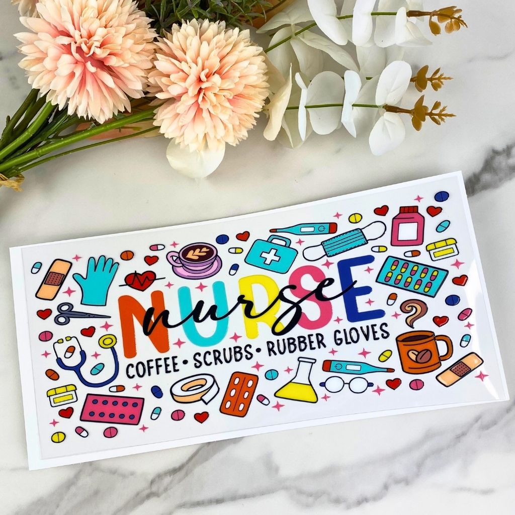 Nurse (coffee, scrubs, rubber gloves) | 16 oz UV DTF Wrap