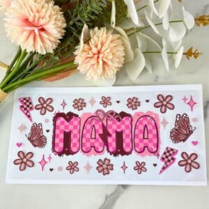 Tan and Pink Checkered Mama | 16 oz UV DTF Wrap