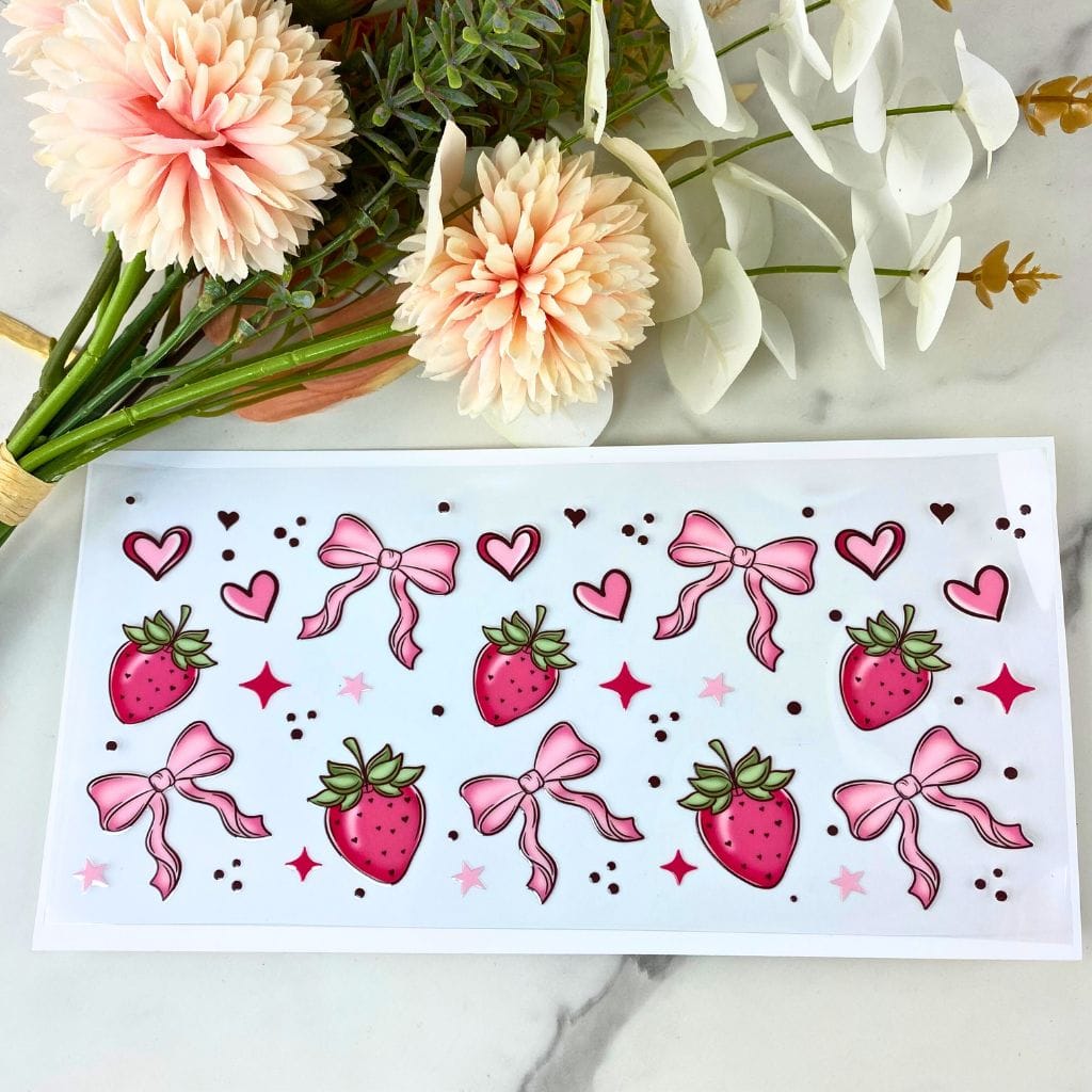 Pink Bows and Strawberries | 16 oz UV DTF Wrap